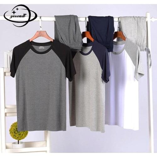 Mens Pajama Sets Summer Male Sleepwear Suits Clothing T-shirt+shorts 2pcs Short Sleeve Patchwork O-neck Man Clothes H41