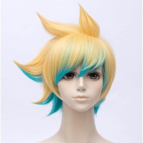 Game LOL The Prodigal Explorer Ezreal Cosplay Wig Short Mixed Colors Gradient Heat Resistant Synthetic Hair Wigs + Wig Cap