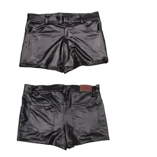 Plus Size Casual Sexy Men U Convex Pouch Boxer PU Oil Black Boxers Shorts Zipper Open Faux Leather Underwear Cool Male Sports