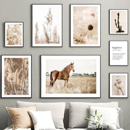 Horse Cactus Daisy Reed Flower Plant Boho Wall Art Canvas Painting Nordic Posters And Prints Wall Pictures For Living Room Decor