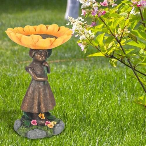 Bird Bath for Garden-Girl Holding Sunflower Polyresin Birdbath Garden Ornament Fiber Clay Bird Bath for Outdoor Garden