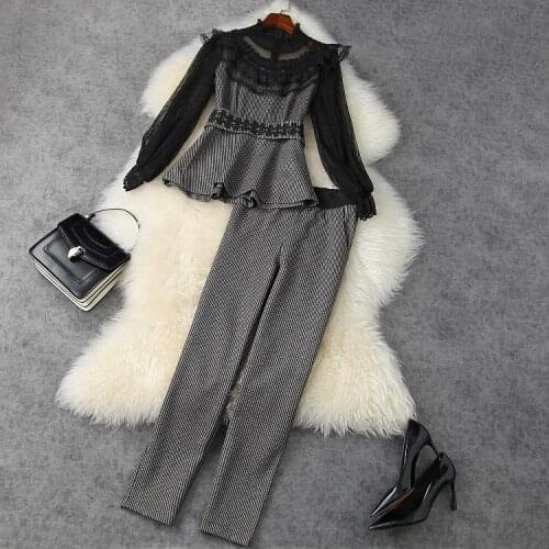 Europe and the United States womens fashion winter 2021 embroidery lace case grain long sleeve shirt nine minutes of pants