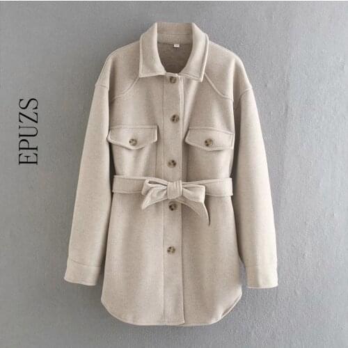 Vintage Pocket Oversize Beige Jacket Coat Fashion Slim Long Sleeve Sashes Warm Elegant Jacket Famale Outerwear Chic Top Winter