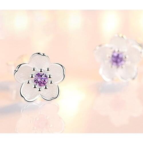 Romantic Earrings Jewelry Sterling Silver Earrings Cherry Blossom Pink Zircon Ear Studs Simple and Popular Earrings for Women