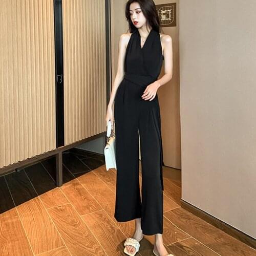 Fashion Summer Casual Vintage Loose Long Jumpsuits Women OL Elegant Casual V-Neck Sleeveless Sashes High Waist Jumpsuits Rompers