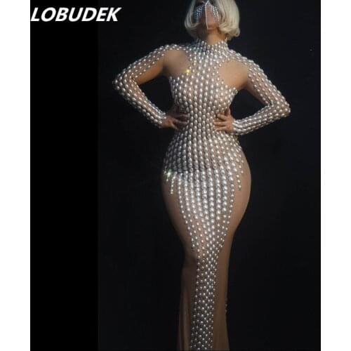 New Big Pearls Crystals Transparent Dress Women Birthday Celebrate Stretch Skinny Dresses Singer Dancer Evening Stage Long Dress
