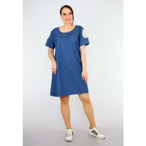 Pianoluce Women 'S Denim Lace Sleeves Detail Dress Navy Blue 1385