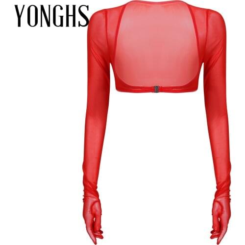 Womens Sexy Lingerie Rave Top Sun Protection Mesh Gloves Tops Long Sleeve See-through Open Front Buckle Crop Top Clubwear