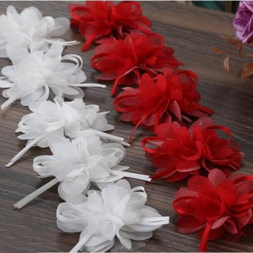 100PCS Red 3D Flowers Chiffon Embroidered Lace Trim Ribbon Fabric Handmade DIY Sewing Craft For Costume Hat Shoes Decoration