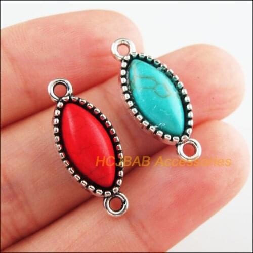 12Pcs Retro Tibetan Silver Tone Eye Oval Blue&Red Stone Charms Connectors 10x24mm