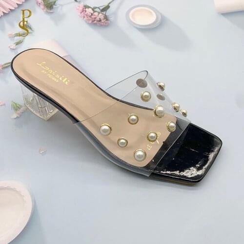 2021 Fashion Pearl square heel party shoes for ladies and woman slippers