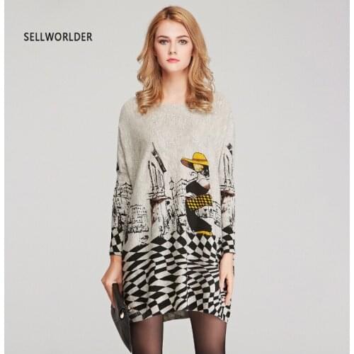 2017 SELLWORLDER Casual Thin Slash Neck Loose Print Batwing Sleeve Big Size Sweater