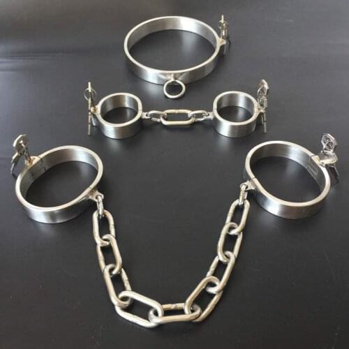 3pcs/Set Stainless Steel BDSM Bondage Slave Collar Handcuffs Ankle Cuffs Adult Games Torture Restraints Sex Toys For Couples