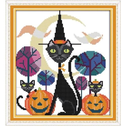 The Black Cat Of Halloween Baby Room Decor DIY Hand Embroidery Chinese Cross Stitch Kits Patterns Printed Canvas Needlework Sets
