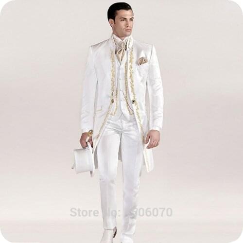 Italian Vintage White Tailcoat Embroidery Men Suits for Wedding Suits Slim Blazer Long Jacket Pants Vest Groom Tuxedos Costume