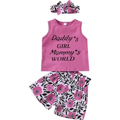 3Pcs Baby Girls Outfit Set Sleeveless Clothing Letter Print Tank Top+Floral Shorts+Headband Set Holiday Party Clothes Outfits