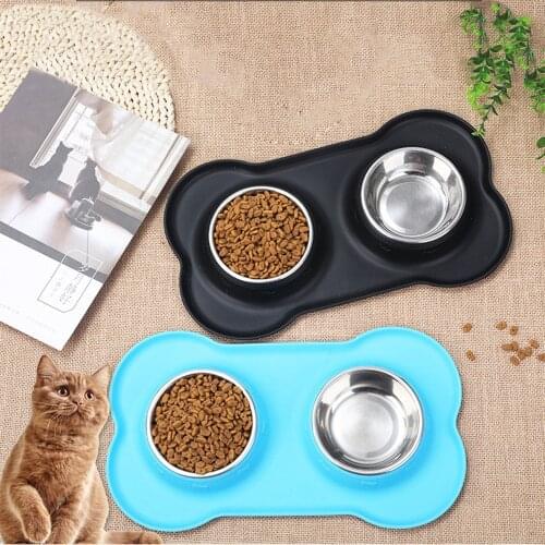 Pet Dog Cat Feeding Stainless Steel Bowl Pet Drinking Bowl with Non Spill Skid Resistant Silicone Mat Kitten Puppy Accessories