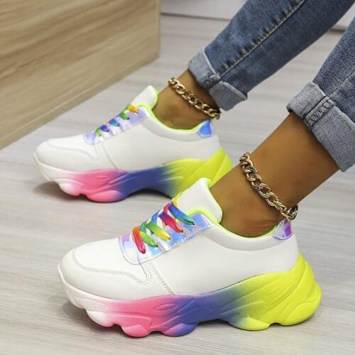 Muffin Flat Bottom Fashion Lace-up Rainbow Sole Thick Bottom White Shoes Womens Summer Thin Sneakers Womens Casual Shoes 2021