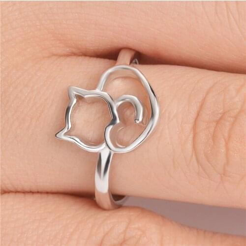 Fashion Silver Color Cute Cat Animal Engagement Ring Luxury Sweet Heart-shaped Wedding Rings for Women Jewelry Gift Dropshipping