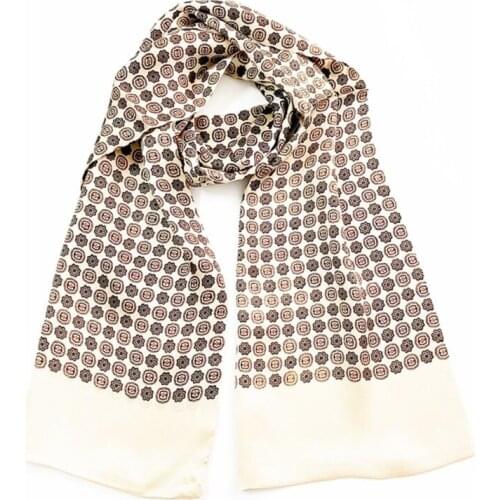 Mens 100% Silk Scarf Double Layer Long Neckerchief Vintage Print Cravat Silky Smooth Beige Grey