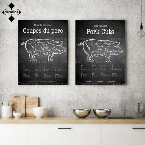 Butcher Pig Poster and Print Black and White Pork Picture Chalkboard Style Wall Art Canvas Paintings for Kitchen Wall Decoration