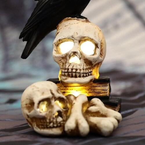 New Halloween Resin Crow Skull Luminous Sculpture Desktop Ornaments Scary Skeleton Crafts Decoration For Haunted House Bar