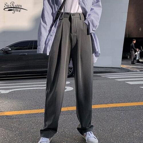 2020 Fall Chic Loose Solid Slim Full Length Wide Leg Pants Plus Size Fashion Straight Brief Slender Casual High Waist Women 9756