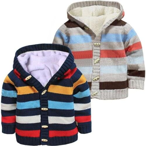 Autumn Winter Girls Boys Fleece Sweaters Kids Striped Cotton Knitted Cardigan Children Long Sleeve Casual Coats Sweater for 2-5Y