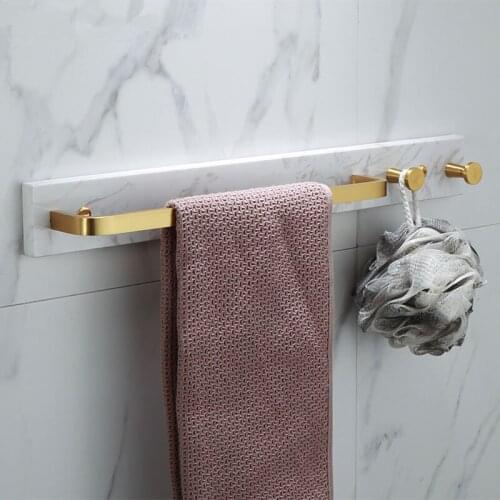 Towel Hanger with Hooks Wall Mounted 50cm Gold Towel Rack Bathroom Towel Bar Rail Marble and Alumimum Towel Holder