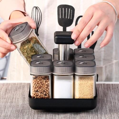 YOMDID Creative Glass Seasoning Bottles Rotating Seasoning Box Salt Pepper Shaker Condiments Storage Bottle Kitchen Gadgets 9pcs