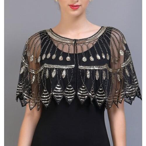 Women 1920s Flapper Shawl Wraps Beaded Sequin Art Deco Evening Cape Bolero Cover Up Gatsby Party Dress Shawl Costume Accessory
