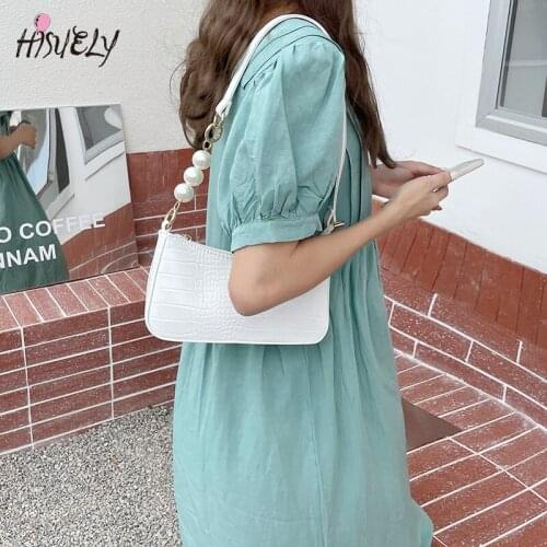 Retro female bag crocodile pattern pearl chain underarm bag female new texture all-match single shoulder messenger bag