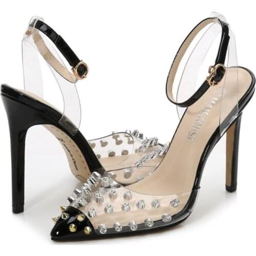 MAIERNISI Big Size New Women Pumps Fashion Pointed Super High Heels Sexy Rivet Women Shoes Transparent High-heeled Sandals 2021