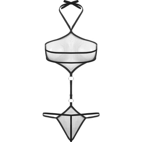 Womens Erotic Bodysuit See Through Sheer Mesh Lingerie Halter Neck Open Back Thong Underwear Leotard Nightwear Sexy Costume