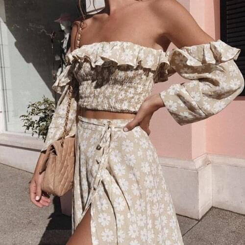 Boho Inspired 2 piece set women Caramel floral print set summer dress off shoulder long sleeve long boho dress gypsy women dress