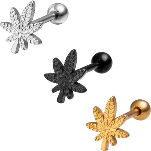 1-3PCS Stainless Steel Tongue Piercing Ring Pot Leaf Barbell Bar Helix Tragus Ear Cartilage Earring Stud Women Body Jewelry 14G