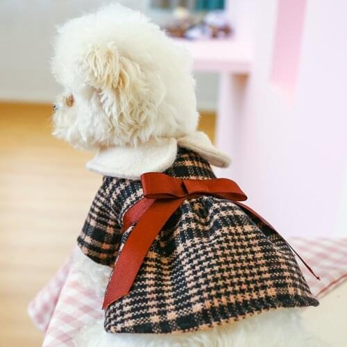 2021 Tartan Warm Princess Dog Clothes Student Doll Collar Bowknot Checked Woolen Dress for Dogs Dog Dress
