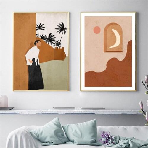 Abstract Fashion Women Figure Wall Art Poster And Print Sun Moon Mountain Landscape Canvas Painting Boho Pictures Bedroom Decor