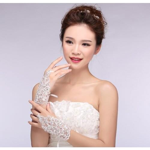 White Lace Sequins Rhinestone Bridal Fingerless Wedding Prom Gloves