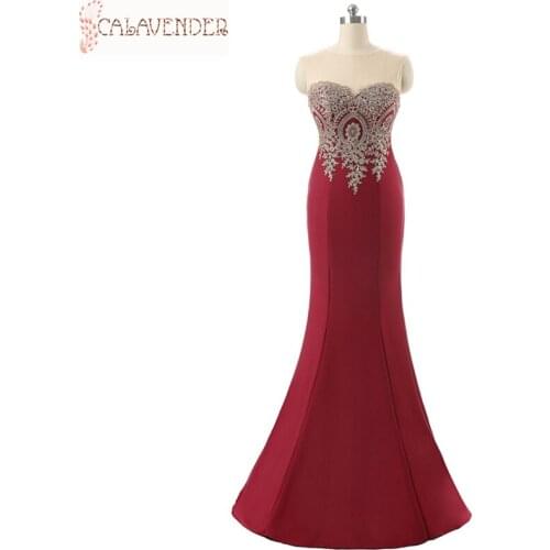 Burgundy Red Gold Lace Prom Dresses Mermaid Illusion Neck vestidos de noite Open Back Dinner Dresses