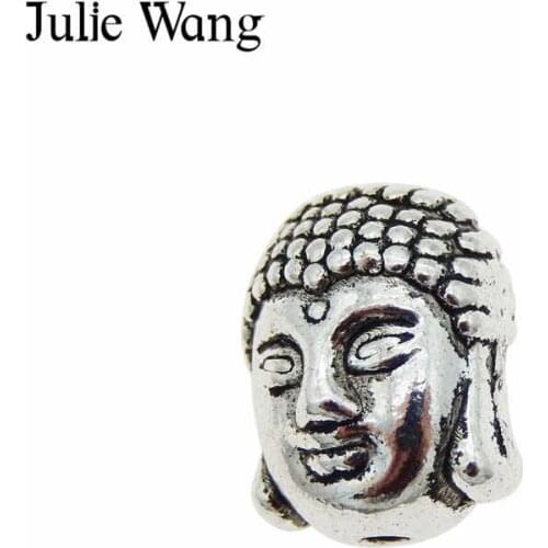 Julie Wang 5-20PCS Buddha Head Beads Vintage Alloy Antique Silver Color Spacer Beads Bracelet Necklace Pendant Jewelry Making
