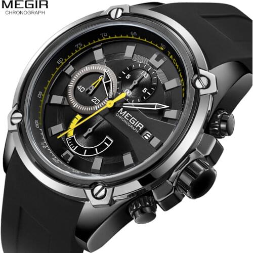 MEGIR Army Sports Quartz Watches for Men Black Silicone Strap Military Marine Chronograph Wristwatch for Man Relogios 2086 Black