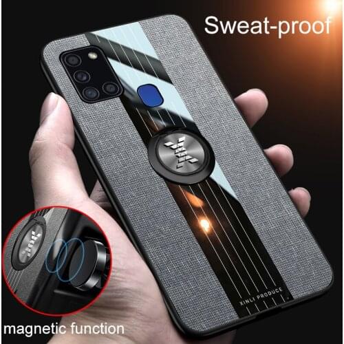 For Samsung Galaxy A21S Case Fabric Cloth Ring Holder Hard PC Cover Phone Case for Samsung Galaxy A21S