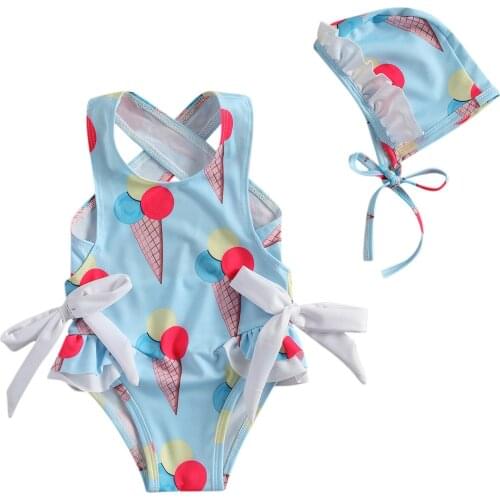 Baby Girl Romper Swimsuit Cap Protector Ice Cream Printed No-Sleeve Round Collar Backless Beach Clothes Summer