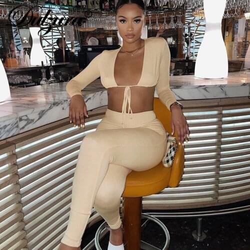 Dulzura 2021 Autumn Winter Women Pure 2 Pieces Lace Up Long Sleeve V Neck Crop Top High Waist Leggings Set Tracksuit Activewear
