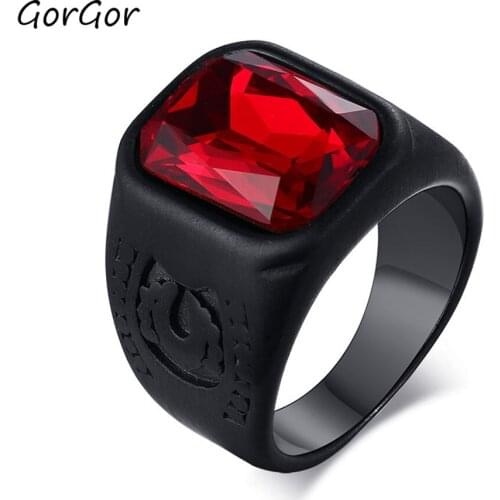 GorGor Rings Men Stainless Steel Black Pattern Mosaic Red Glass Material Individuality Simplicity Popular Accessories RC-440