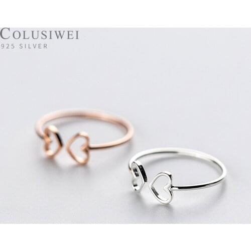 COLUSIWEI Real 925 Sterling Silver Rose Gold Color Hearts Ring for Women Open Adjustable Ring Finger Fashion Jewelry Accessories