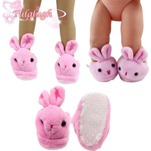 Doll Shoes Pink Plush Rabbit Slippers Wear For 18Inch American Doll Girl Toy,43cm Born Baby Doll Clothes Accessories Gift