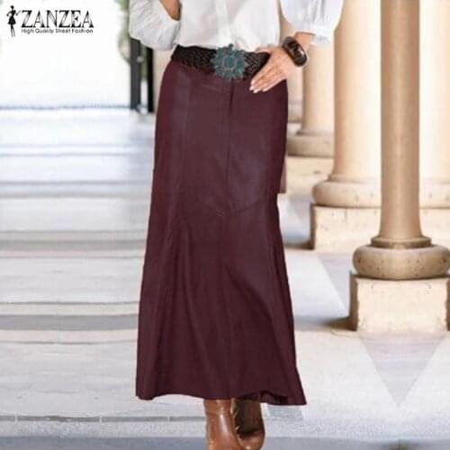 Fashion PU Leather Skirts Womens Spring Vestidos ZANZEA 2021 Casual High Waist Maxi Skirt Female Solid OL Robe Plus Size