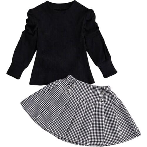 Fashion Kids Girls 2-piece Outfit Set Puff Sleeve Solid Color Top+Plaid Skirt Two Piece Set for Children Girls Clothing Set
